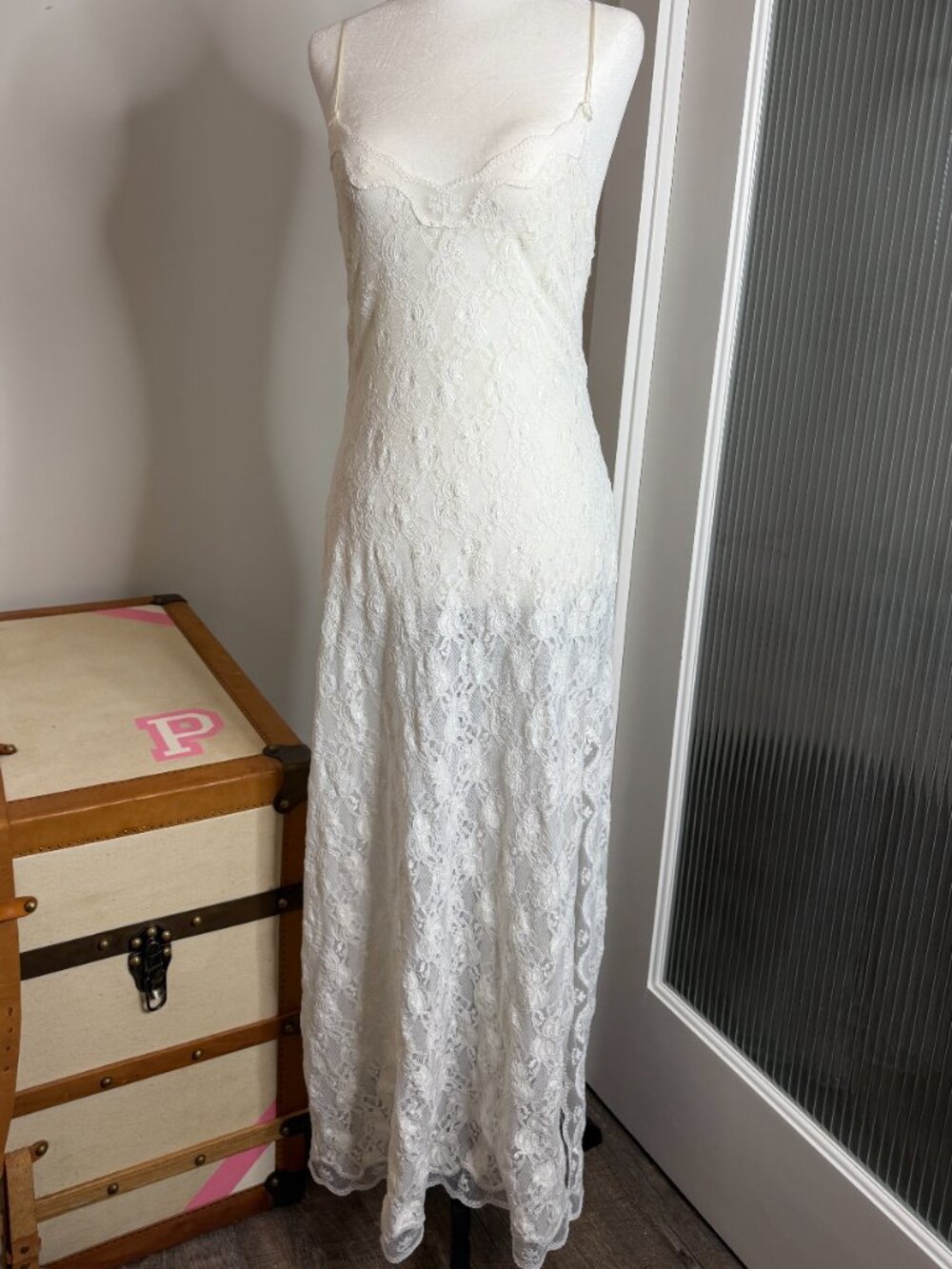 🦢 Vintage Silk & Satin Ivory Lace Maxi Slip Dress Bridal Nightgown M
